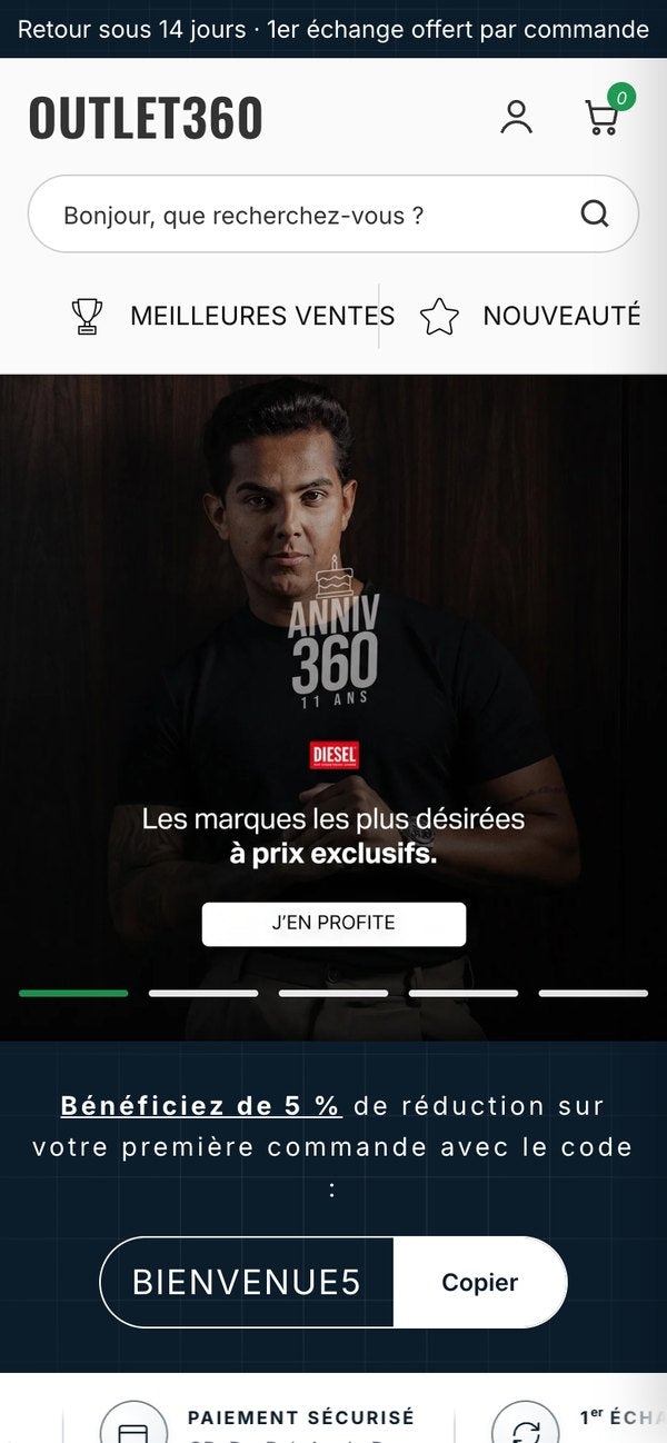 L'accueil de la boutique Outlet360 sur smartphone