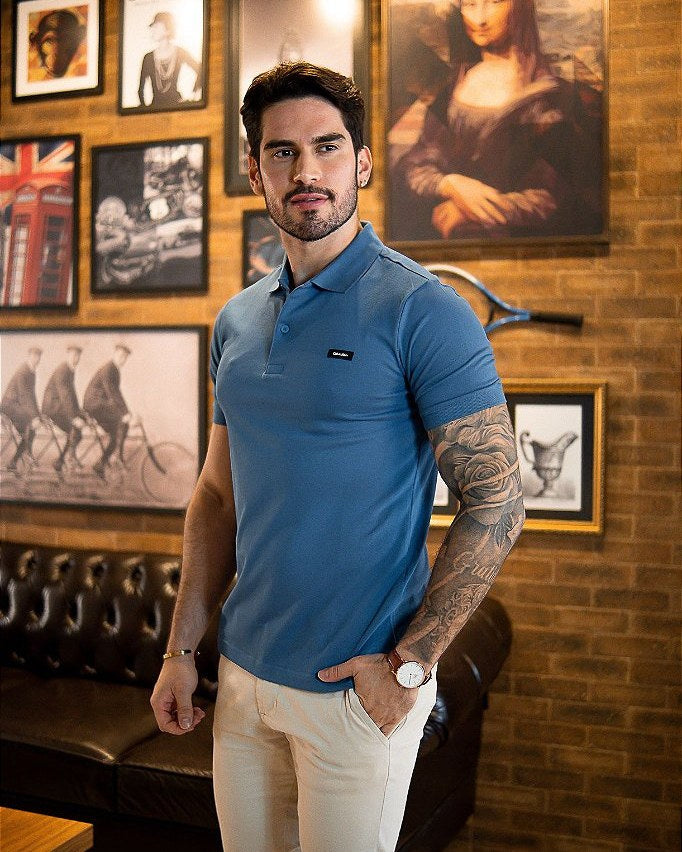 CK Polo en coton stretch, bleu moyen